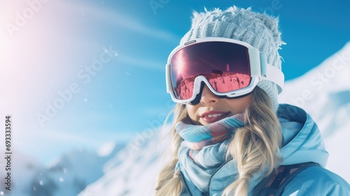 Portrait of snowboarder smiling happy young woman in blue suit goggles mask, hat, ski padded jacket photo