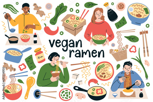 People eating vegan chinese food, vegetarian ramen hand drawn collection, plant based Asian noodles, vector illustrations of bowls with Korean and Japanese food, noodle soup with vegetable toppings