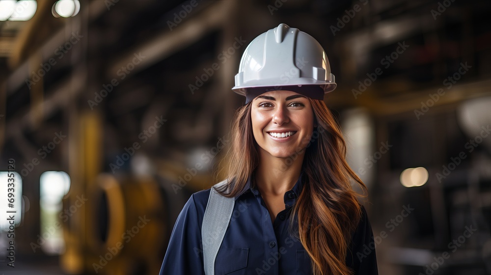 photo of a contented female engineer working on the project while donning a hard hat, a high-vis vest, and ppe photo of a contented female engineer working on the project while donning a hard hat, a high-vis vest, and ppe