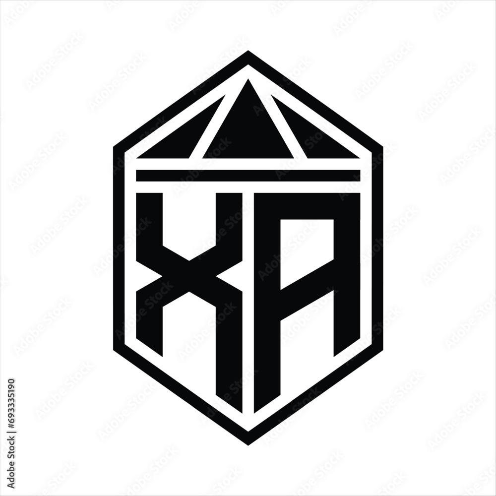 XA Letter Logo monogram simple hexagon shield shape with triangle crown isolated style design XA Letter Logo monogram simple hexagon shield shape with triangle crown isolated style design