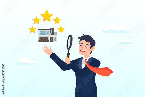 Businessman appraiser magnifier review property with star rating, property appraisal or price evaluation, housing assessment for market value, residential sale, rating or real estate review (Vector)