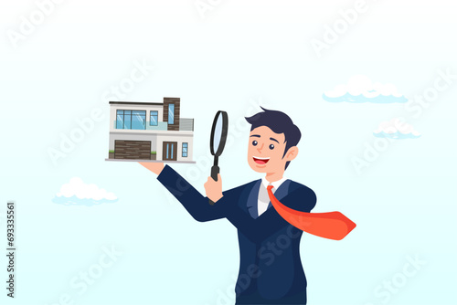 Curios businessman using magnifying glass to see house details, house inspection, home, property and real estate price evaluation, mortgage and loan analysis, search for housing investment (Vector)