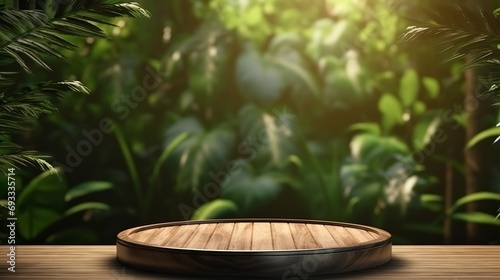 A close-up of a round  empty oak wood table in sunshine with tropical plants and leaves makes this realistic 3D render background for items overlay photos.