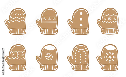 Set of cute cartoon gingerbread mittens on white background.