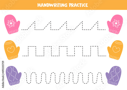Tracing lines for kids. Cute colorful winter mittens. Handwriting practice.