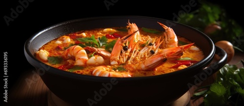 Thai traditional food called Tom Yum Goong, with shrimp in condensed water and hotness.