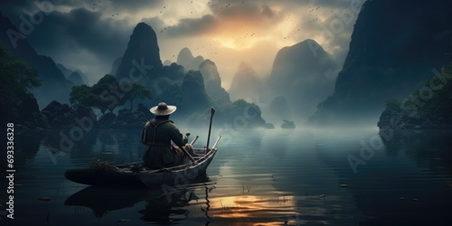A man is seen in a boat on a serene lake with majestic mountains in the background. This picture can be used to depict tranquility and nature's beauty