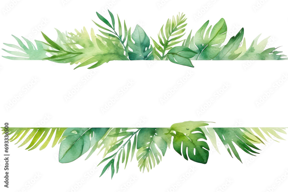 Watercolor of green floral banner with palm leaves on transparent background - obrazy, fototapety, plakaty 