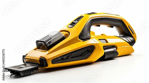 a bright yellow vacuum cleaner, emphasizing its ergonomic handle and versatile attachments, isolated on a clean white surface.