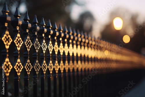 A detailed view of a fence with a street light in the background. Perfect for urban or industrial themes
