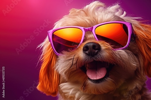 A playful dog wearing sunglasses and sticking out its tongue. Perfect for adding a fun and lighthearted touch to any project or design © Fotograf