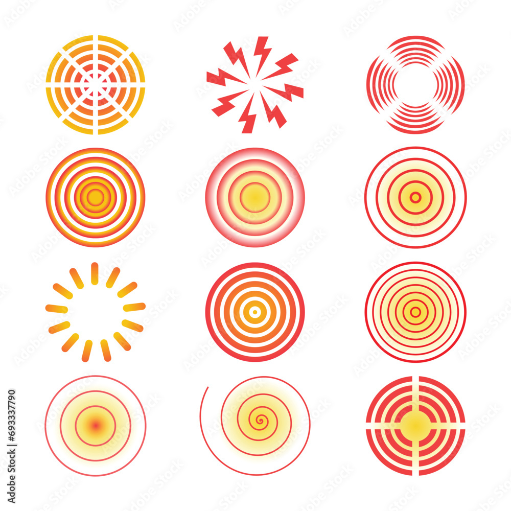 Circles symbols of pain, red circle for marking human body pain spot set collection, Head toothache muscular menstrual joint pain, hurt body part marker, aching place sign, painkiller radar radial. Circles symbols of pain, red circle for marking human body pain spot set collection, Head toothache muscular menstrual joint pain, hurt body part marker, aching place sign, painkiller radar radial.