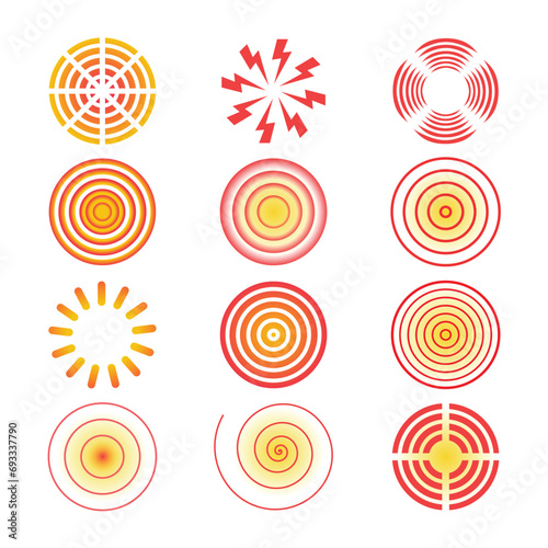 Circles symbols of pain, red circle for marking human body pain spot set collection, Head toothache muscular menstrual joint pain, hurt body part marker, aching place sign, painkiller radar radial.