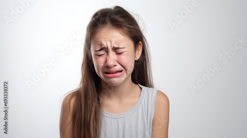 A young girl is upset and crying,white background