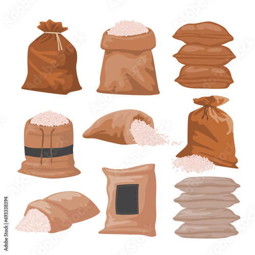 Fotografie, Obraz Burlap sack of Rice bags set collection, Pile with sackful of uncooked meal food
