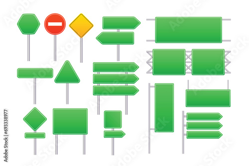 Blank green traffic Road sign set collection in realistic style isolated on white background, Set danger blank warning empty signs, Mock up traffic template, vector illustration 