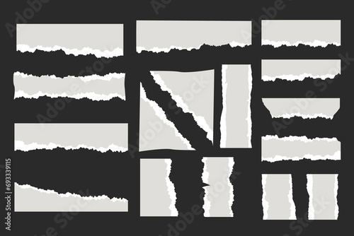 Torn paper frame border set collection on black background, transparent White ripped paper strips, Edges from torn paper. Decoration and texture. copy space vector illustration