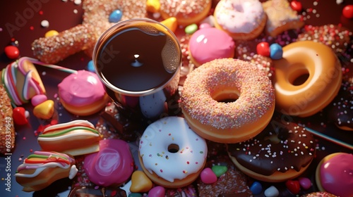 Colorful donuts and a cup of coffee. 3d rendering