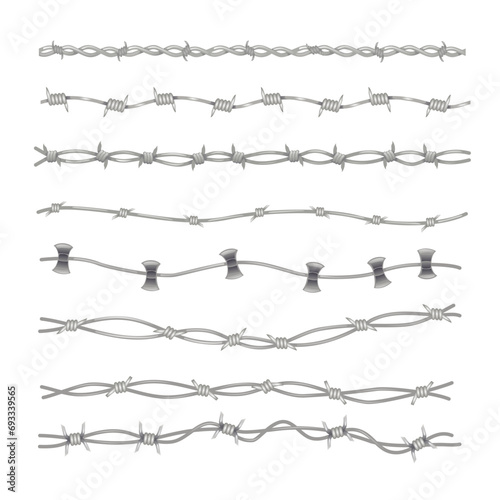 Realistic seamless barbed wire border pattern set collection, Razor wire silhouettes,Prison Barbed wire metallic border elements, danger sharply barb wire fencing, vector illustration
