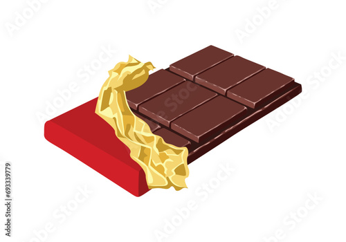 Chocolate bar in red wrapper and gold foil isolated on white background. Vector cartoon illustration of sweets.