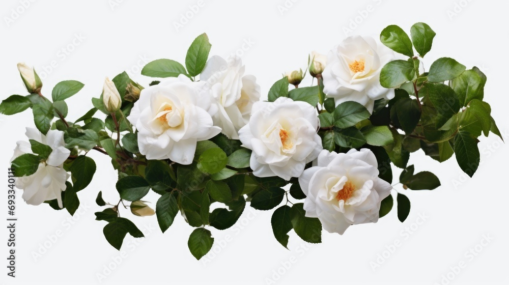 Fototapeta premium A beautiful bunch of white roses with vibrant green leaves. Perfect for adding a touch of elegance and freshness to any occasion