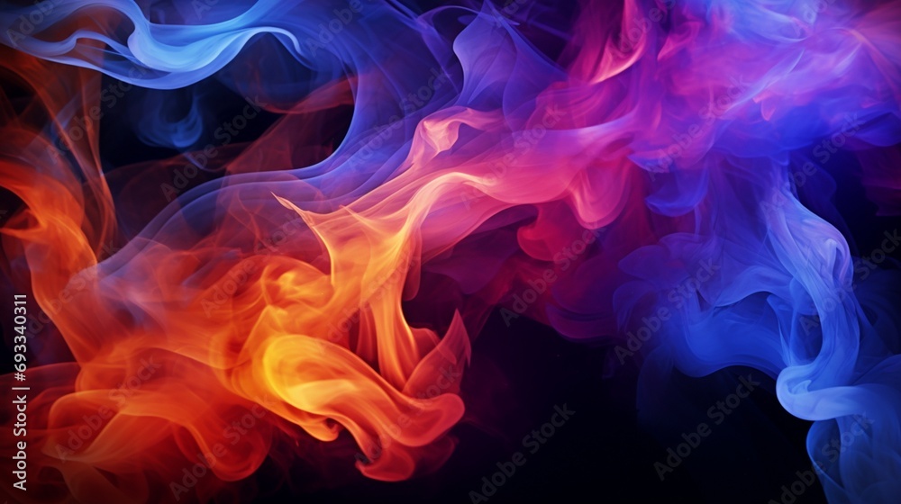 Wisps of vividly colored smoke gracefully rising and blending into abstract patterns, casting a spell of enchantment on the velvety black background.