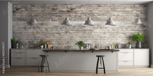 Modern kitchen with gray and white brick wall. photo