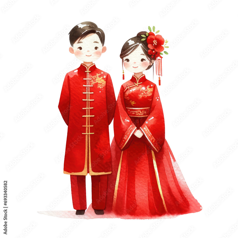 Happy Chinese new year with cute couple cartoon in Chinese watercolor couple chinese wedding clipart