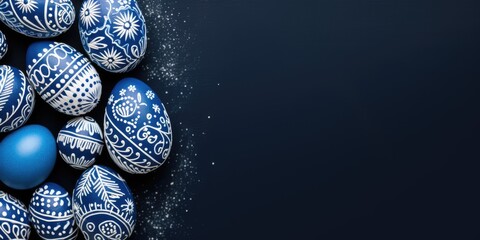 dark blue background copy space with easter eggs and decoration, free space for text and greetings