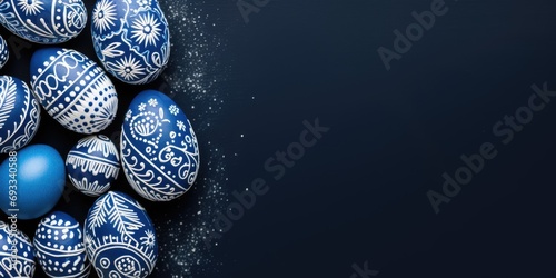 dark blue background copy space with easter eggs and decoration, free space for text and greetings photo