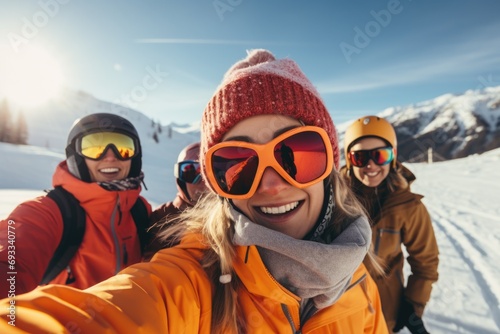 A group of people taking a selfie in the snow. Perfect for capturing winter memories