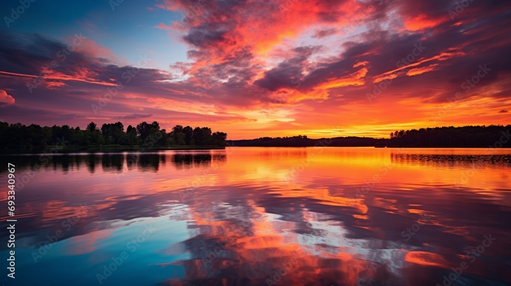 The serene beauty of a spring evening is reflected in the calm waters beneath the vibrant hues of a sunset.