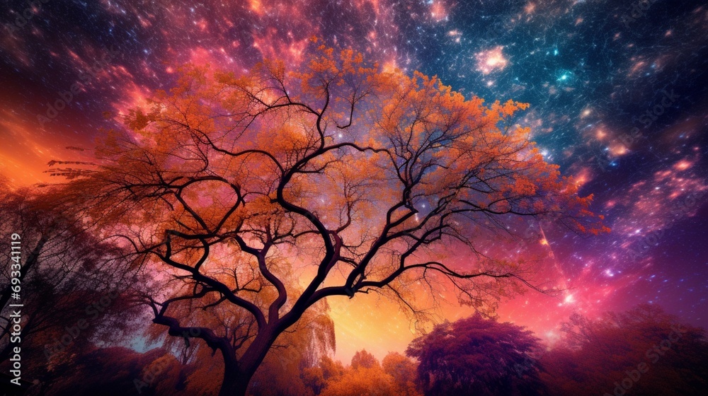 The sky ablaze with hues of orange and purple, creating a breathtaking canvas above a springtime tree canopy.
