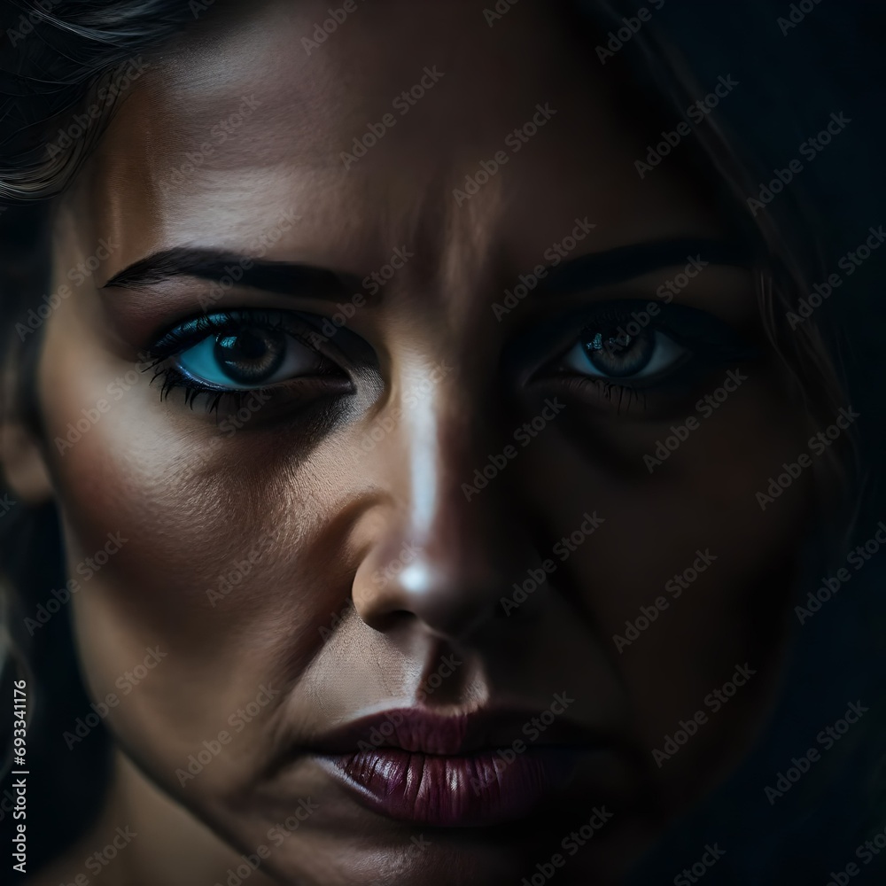 An image of a close up view of a woman's face who is suffering from domestic violence abuse. The light is dim and there is fear and sadness in her face. An image of a close up view of a woman's face who is suffering from domestic violence abuse. The light is dim and there is fear and sadness in her face.