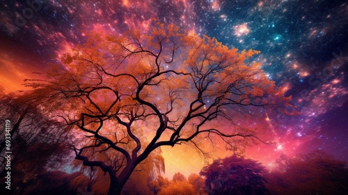 The sky ablaze with hues of orange and purple  creating a breathtaking canvas above a springtime tree canopy.