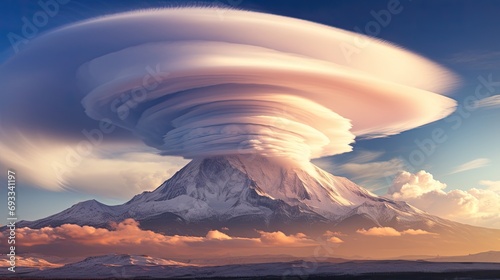 breathtaking view of a large mountain range covered in snow under the mesmerizing display of lenticular clouds photo