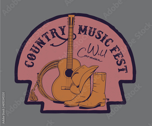  country live music festival. Concert banner template with guitar and cowboy hat western style concept illustration for t shirt, sticker, graphic print