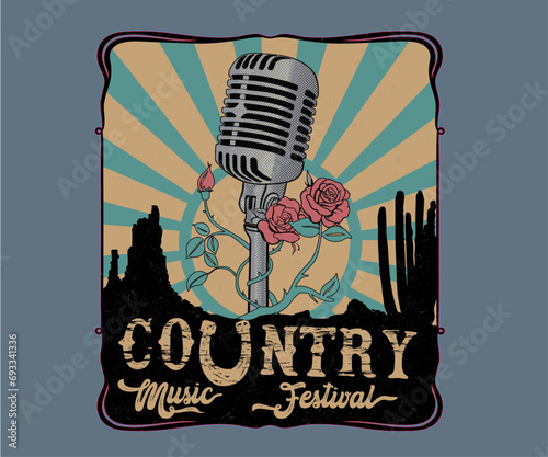 retro vintage western music poster design, old microphone with roses, desert song artwork for t shirt, sticker, graphic print