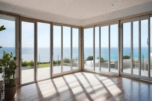 Large windows facing the sea  empty rooms in a new house. automated blinds. Terrace with glass partitions