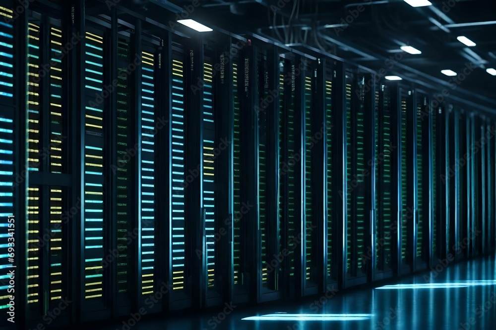 Server racks from a modern data center in a dark room with visual ...