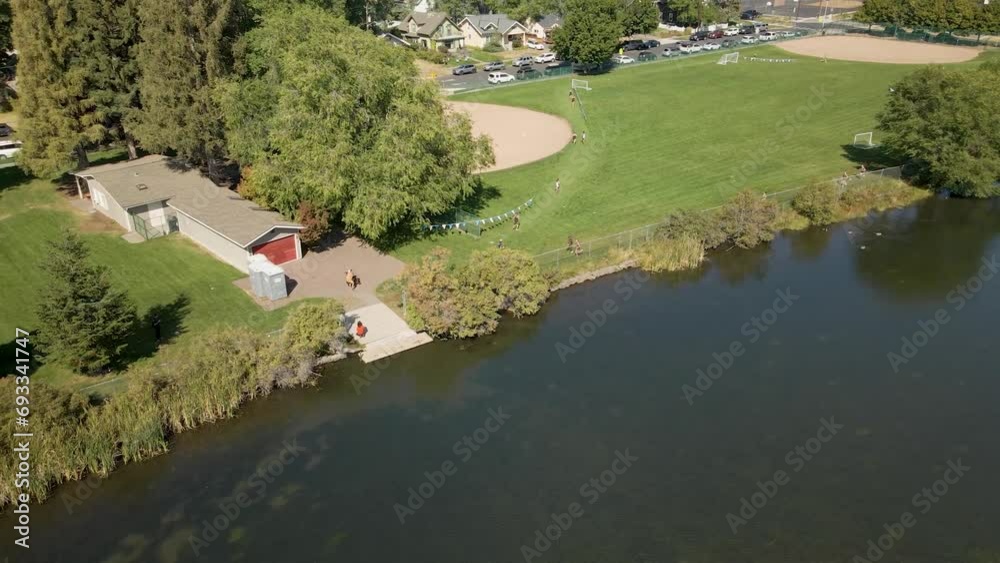 Drone shot of the Harmon Park Clay Studio overlooking the Descutes River in Bend, Oregon. Drone shot of the Harmon Park Clay Studio overlooking the Descutes River in Bend, Oregon.