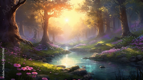 The sky transforms into a canvas of pastel hues, casting a dreamlike glow on the serene springtime forest.