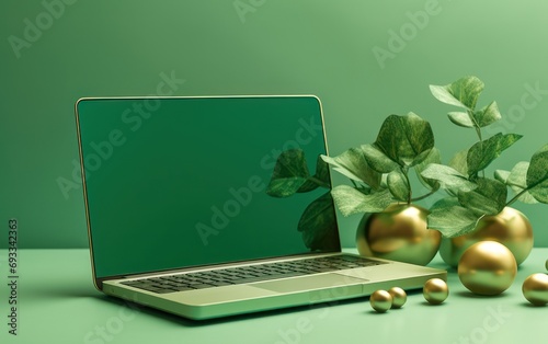 Green computer laptop on green background, sale banner, Cyber Monday sale, Generative Ai