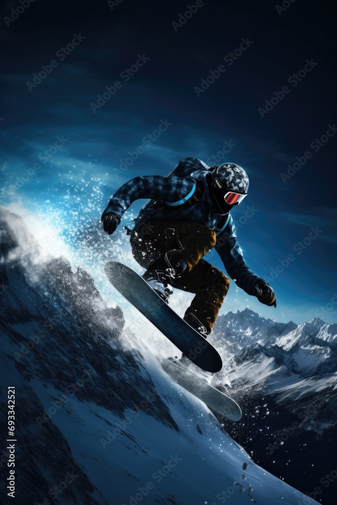 A man is seen riding a snowboard down the side of a snow covered slope. This image can be used to depict winter sports and outdoor activities