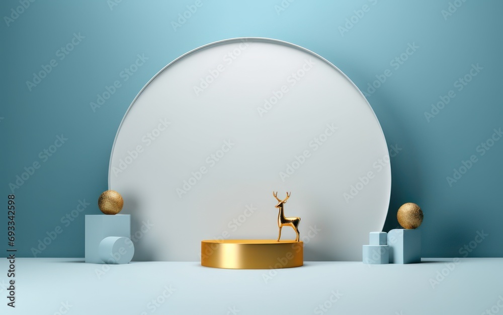 Podium with christmas decoration by deers in the style of light gray and gold. AI generated Podium with christmas decoration by deers in the style of light gray and gold. AI generated