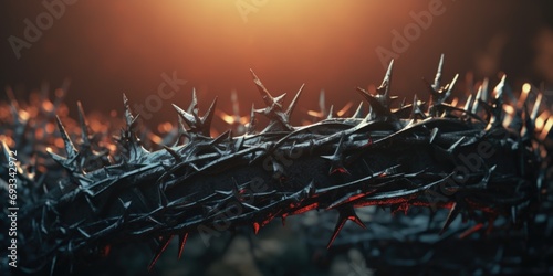 A detailed close-up view of a crown of thorns. This image can be used to depict religious symbolism or to represent suffering and sacrifice