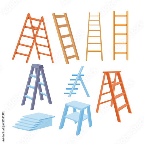 Wooden Stairs set collection, Step Ladders for Domestic and Construction Needs, Step ladder icons set. Cartoon set of step ladder, housekeeping, stair cases and rope ladder wooden and metal