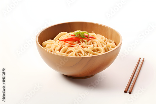 Japanese soup ramen asian noodles with meat, mushroom, Ajitama, scallions, and seaweed pickled egg in a beautiful bowl White Background and copy space
