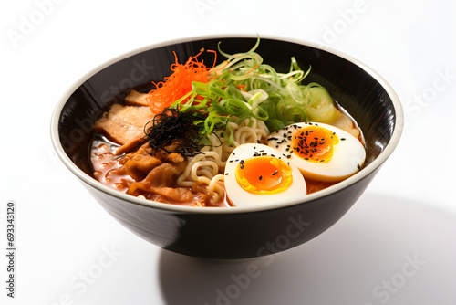 Japanese soup ramen asian noodles with meat, mushroom, Ajitama, scallions, and seaweed pickled egg in a beautiful bowl White Background and copy space