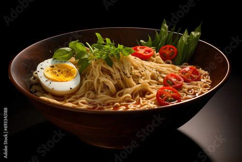 Japanese soup ramen asian noodles with meat, mushroom, Ajitama, scallions, and seaweed pickled egg in a beautiful bowl dark Background and copy space photo